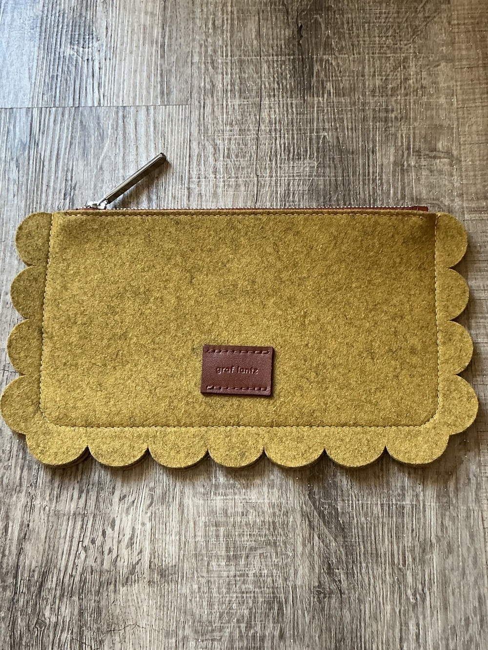 Graf Lantz Deco Edge Merino Wool Felt Pouch Scalloped Clutch Ochre Yellow Bag